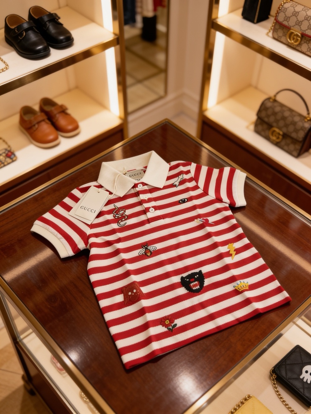 ⚡️Gucci Kids Embroidered Striped Polo Shirt Red Ivory Size 4 NWT